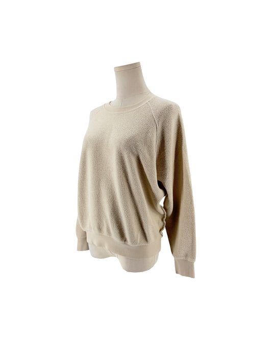 Beige Textured "inside out" cotton fabric, classic crew neckline, raglan style sleeves sweatshirt on a white background on a mannequin