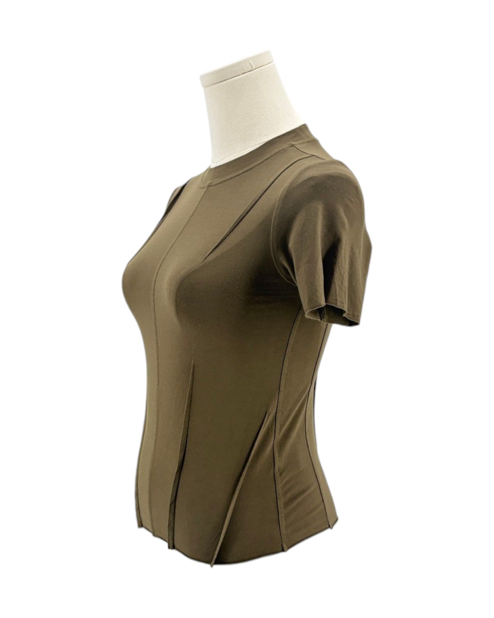 Khaki short-sleeve top on a mannequin against a white background