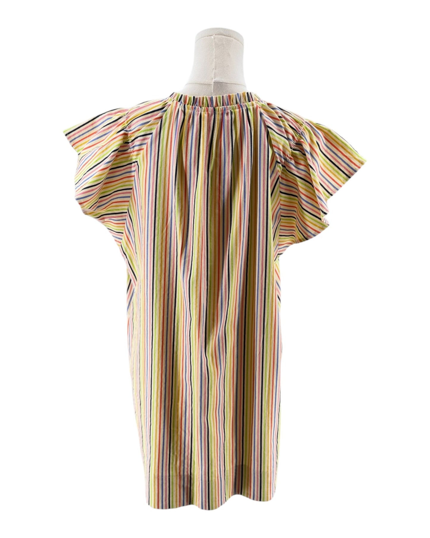 Multicolored striped dress on a mannequin against a white background