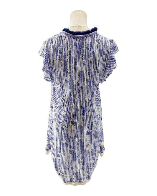 Blue and white patterned dress on a mannequin against a white background