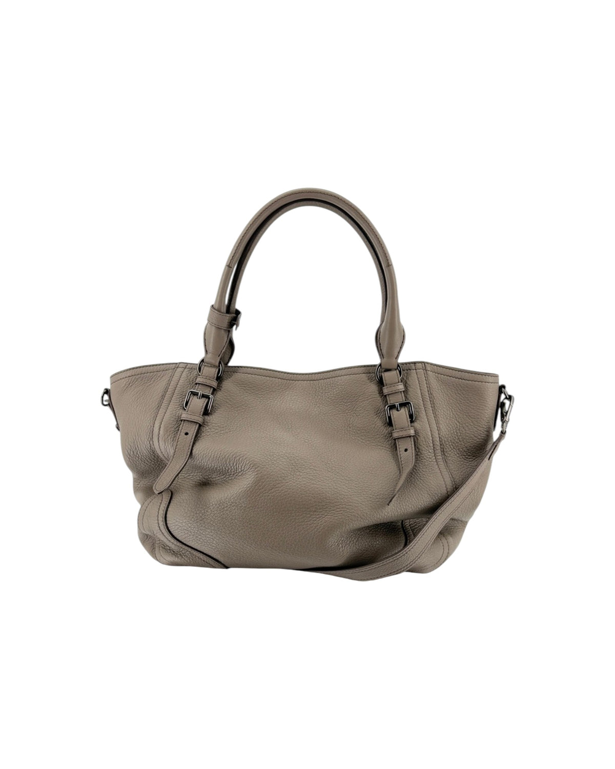 Large grey leather tote handbag with silver hardware and silver letting PRADA on a white background