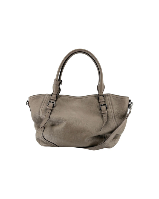 Large grey leather tote handbag with silver hardware and silver letting PRADA on a white background