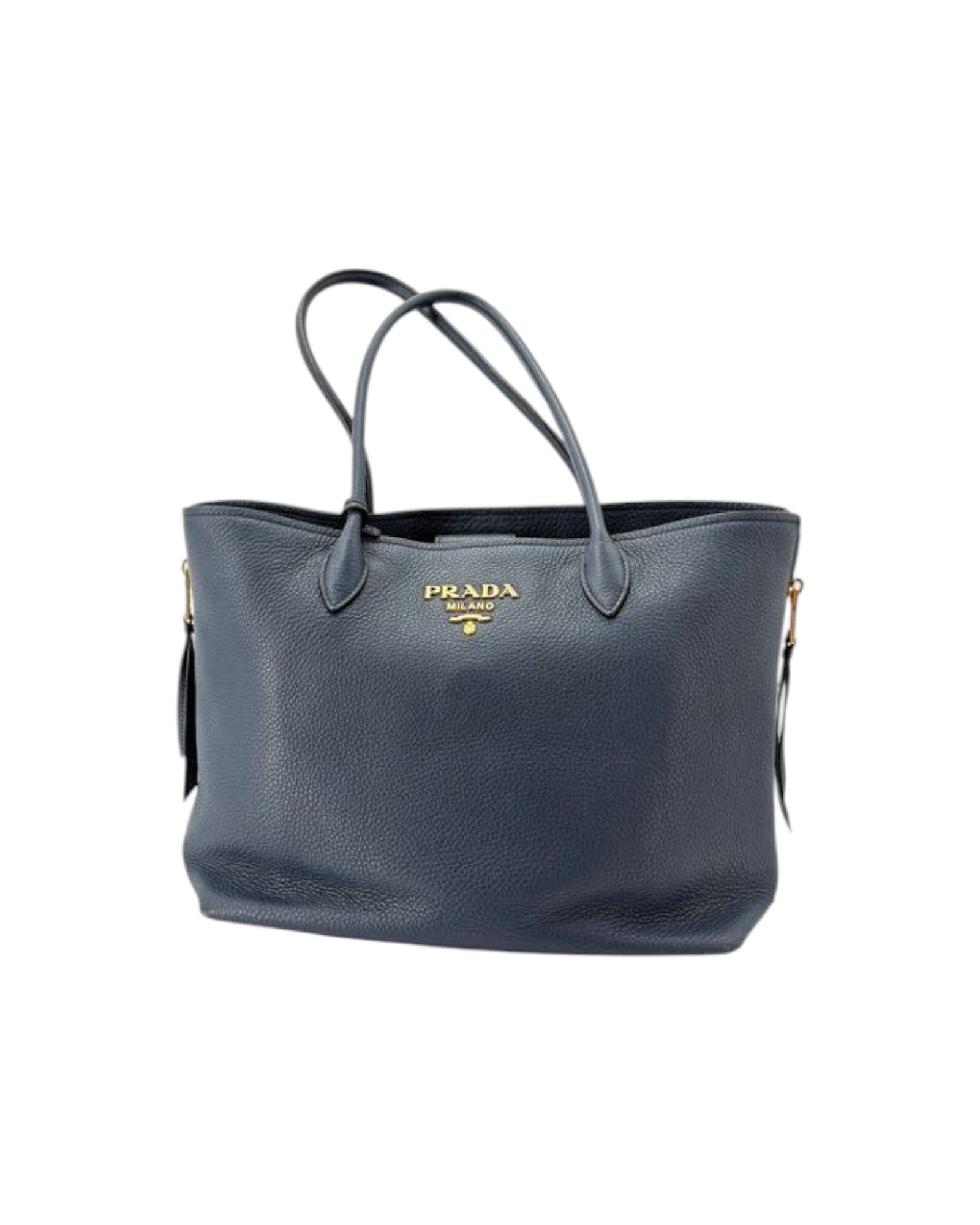 Navy Prada handbag on a white background