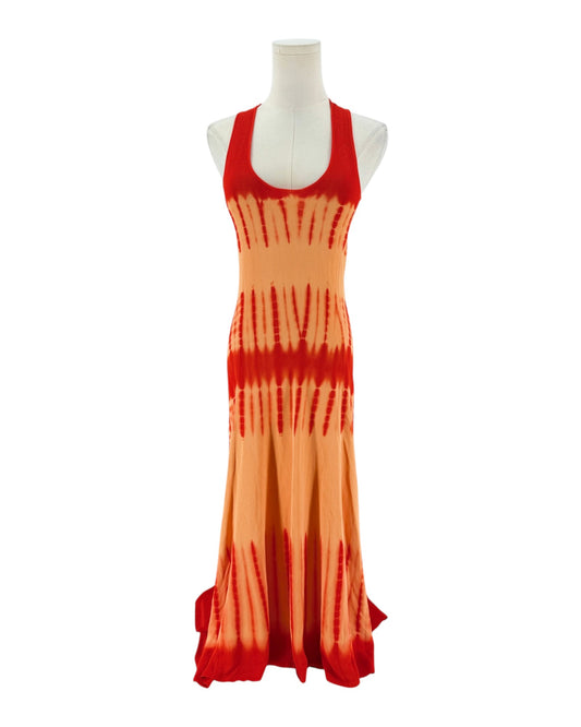 A sleeveless red and orange maxi dress with a tie-dye pattern fading into orange on a white mannequin torso against a white background.