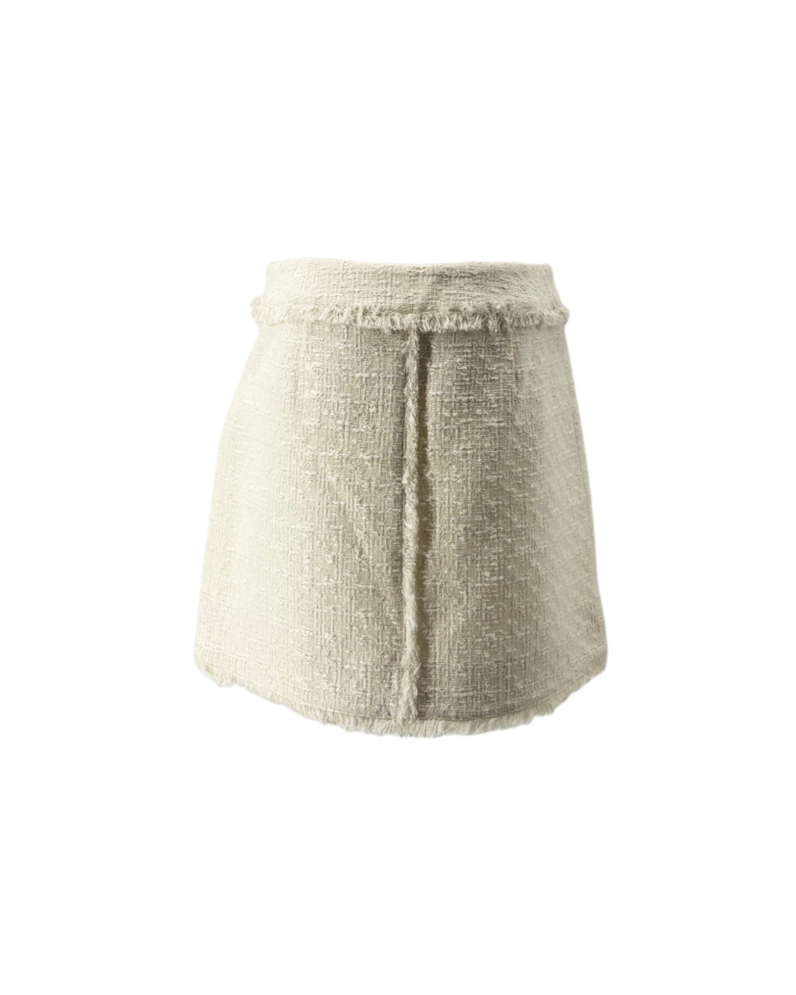 A light beige textured tweed mini skirt with a frayed waistband and a central seam detail, shown against a plain white background.