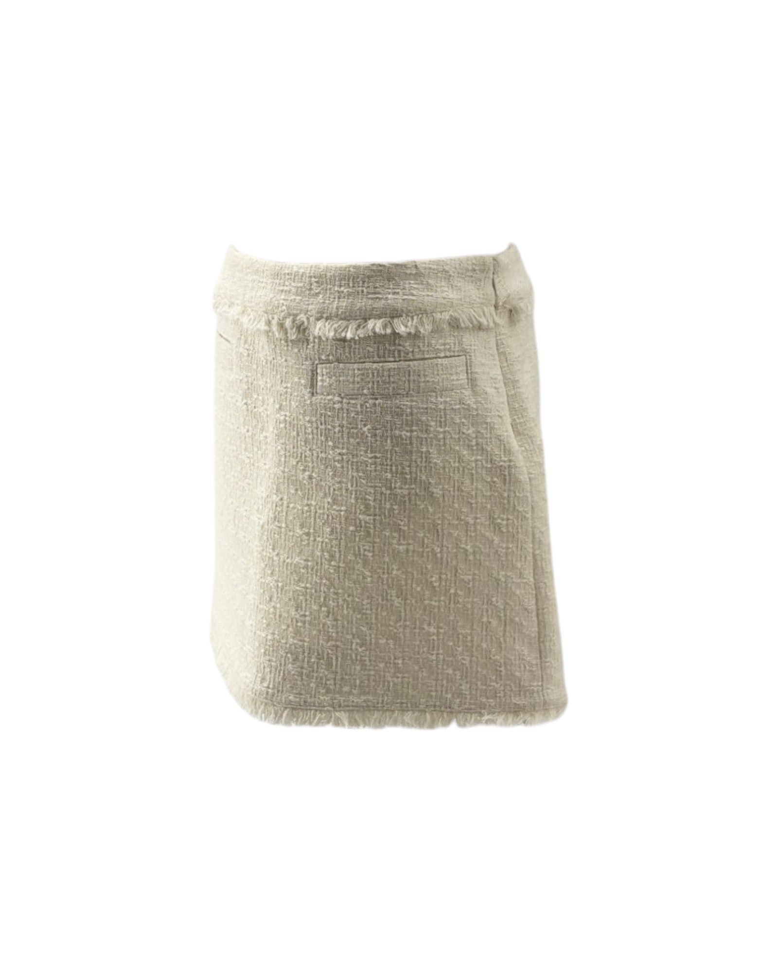 A light beige textured linen skirt with a frayed hem and a single back pocket, shown against a plain white background.