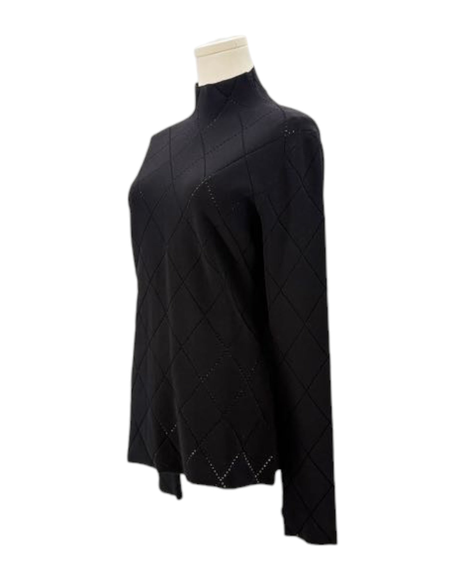 Black diamond-patterned sweater on a mannequin against a white background