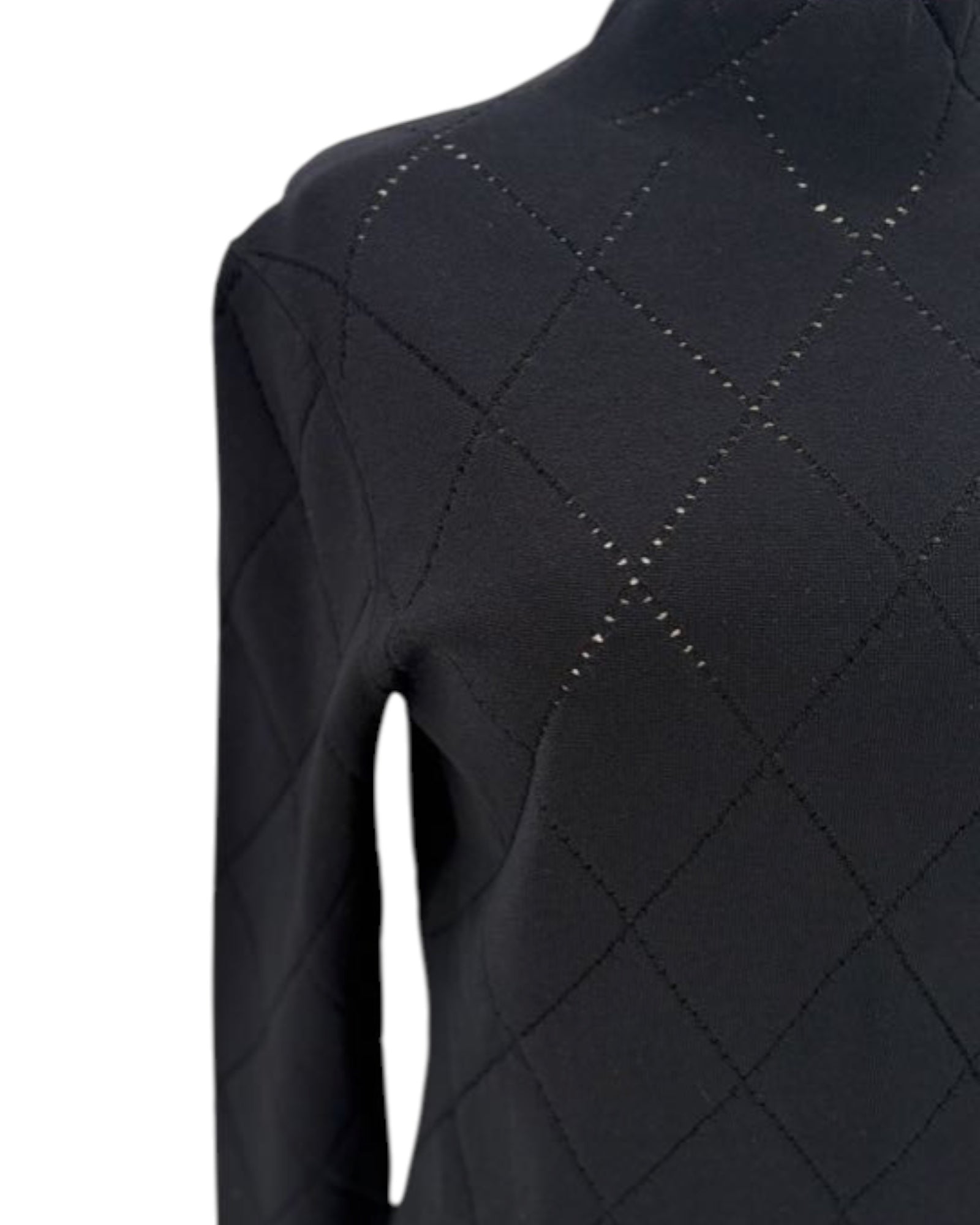 Black quilted sweater with diamond pattern on a white background