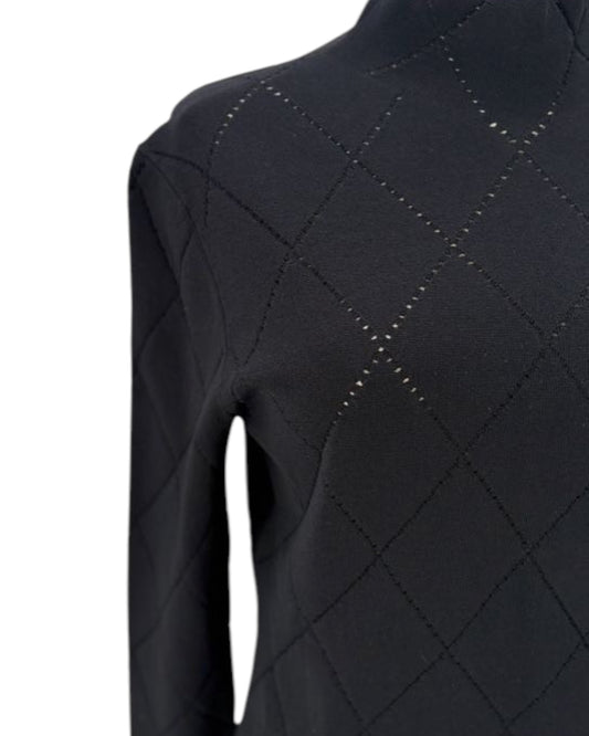 Black quilted sweater with diamond pattern on a white background