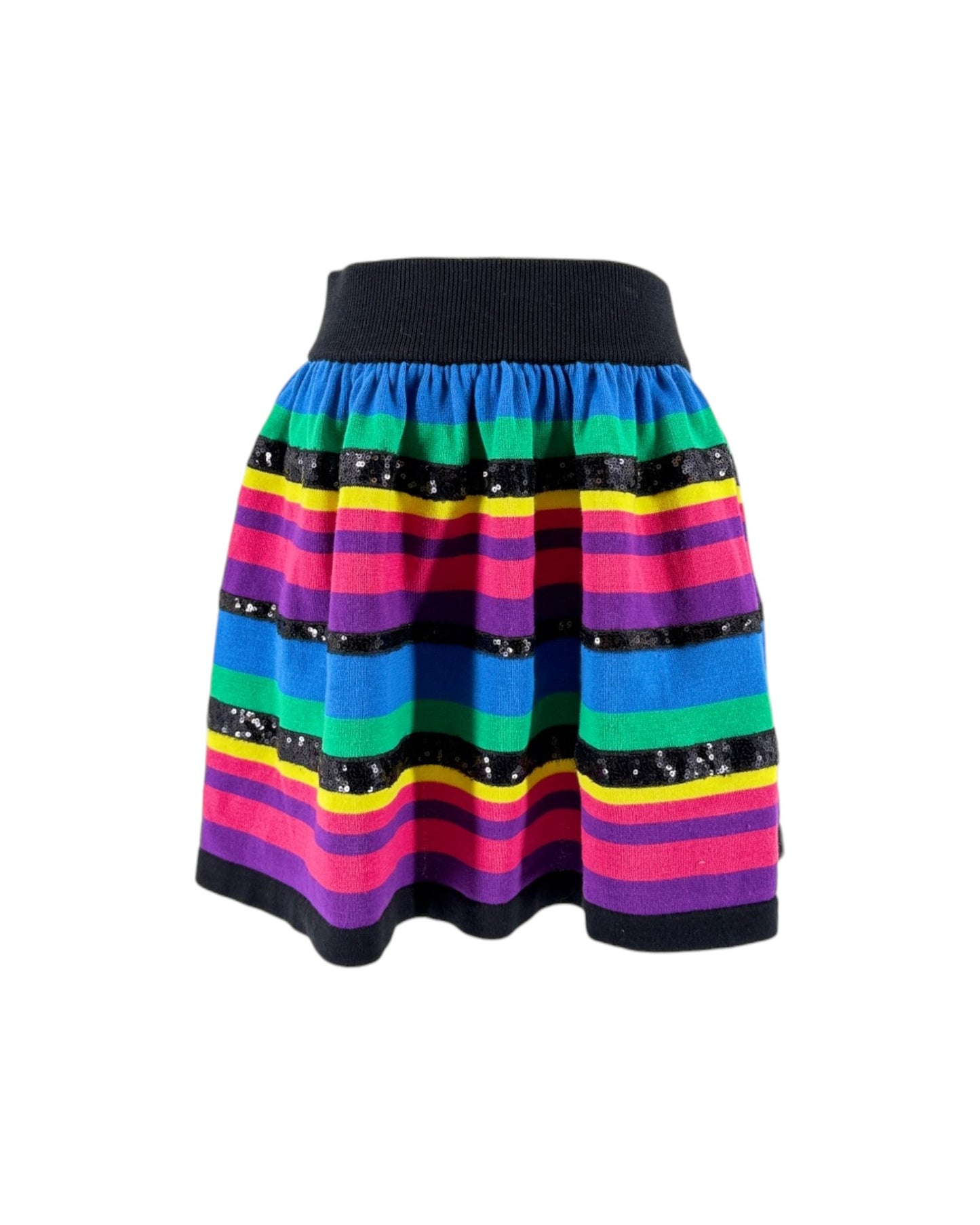 A colorful striped knit skirt with horizontal bands of blue, green, pink, purple, yellow, and black sequined accents, featuring a black ribbed waistband.