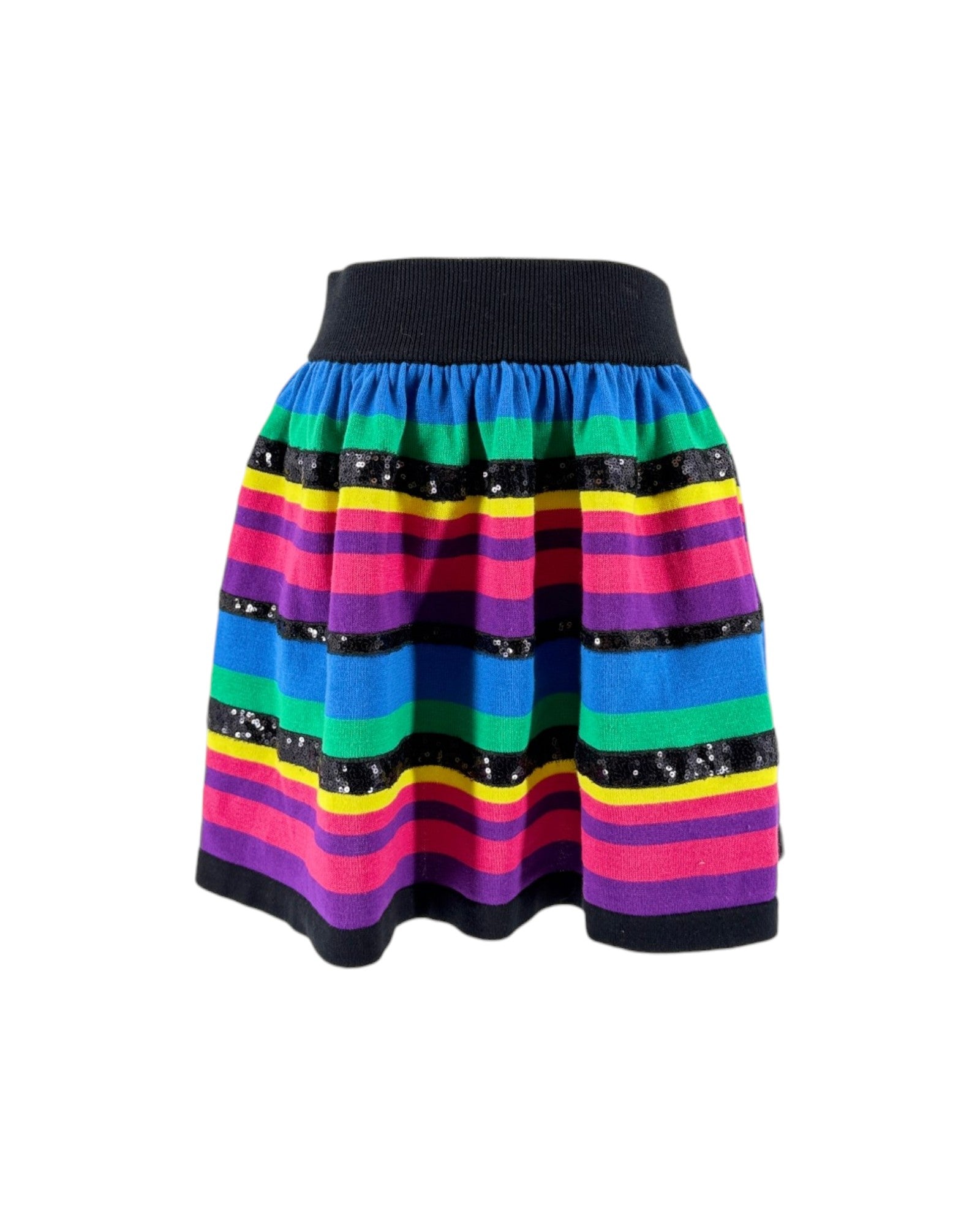 A colorful striped knit skirt with horizontal bands of blue, green, pink, purple, yellow, and black sequined accents, featuring a black ribbed waistband.
