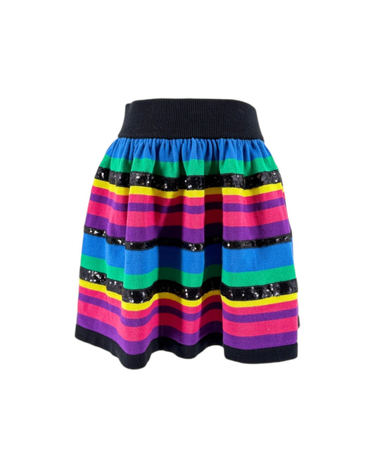 A colorful striped knit skirt with horizontal bands of blue, green, pink, purple, yellow, and black sequined accents, featuring a black ribbed waistband.