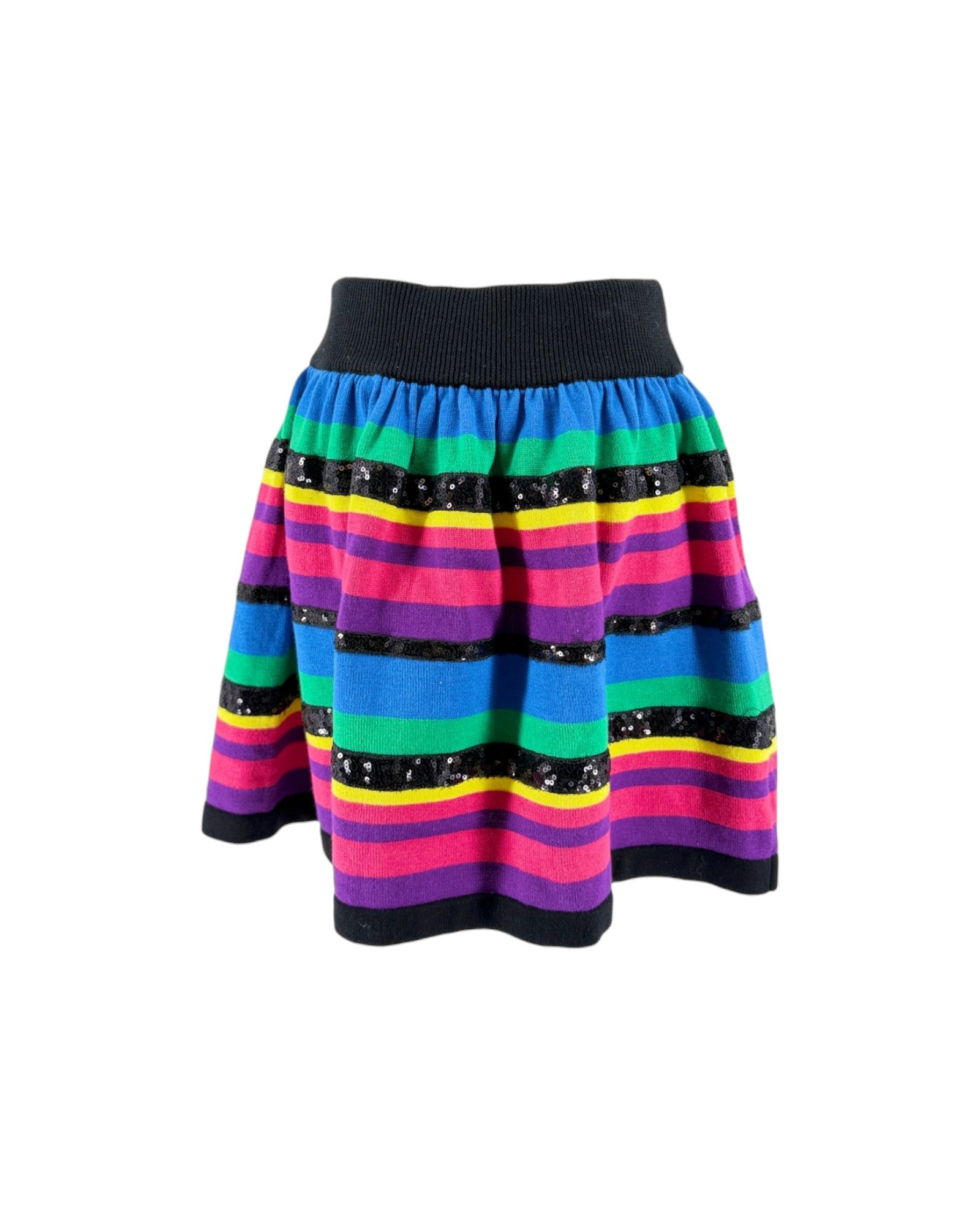 A colorful striped knit skirt with horizontal bands of blue, green, pink, purple, yellow, and black, accented with sequined details, on a white background.