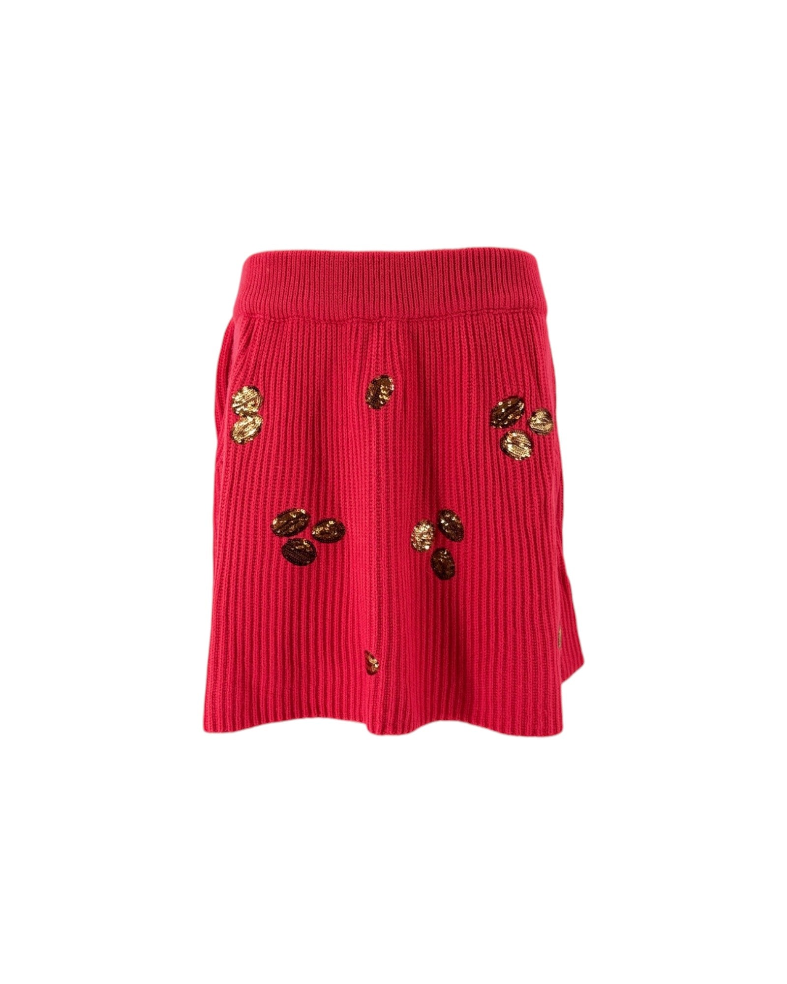 A bright pink ribbed knit mini skirt with sequined floral embellishments, shown against a plain white background.
