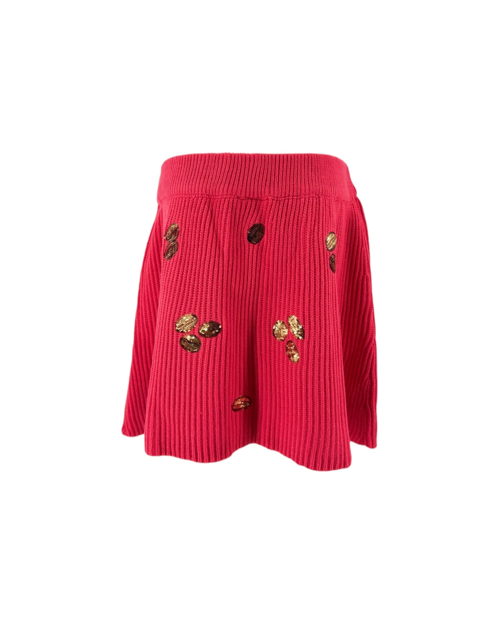 A bright pink ribbed knit mini skirt with decorative gold and brown sequin embellishments, shown against a plain white background.