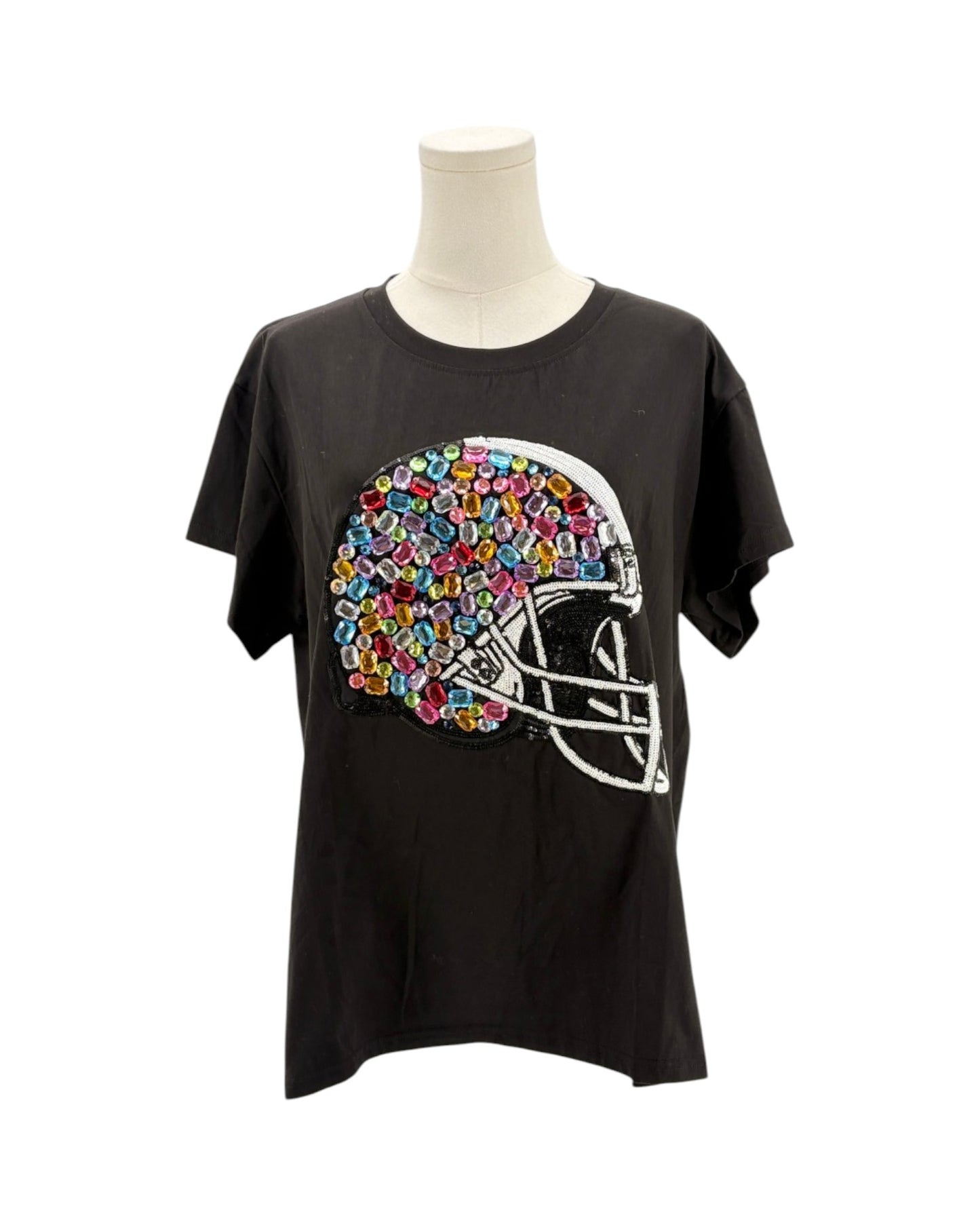 Black short sleeve top with bejeweled football helmet