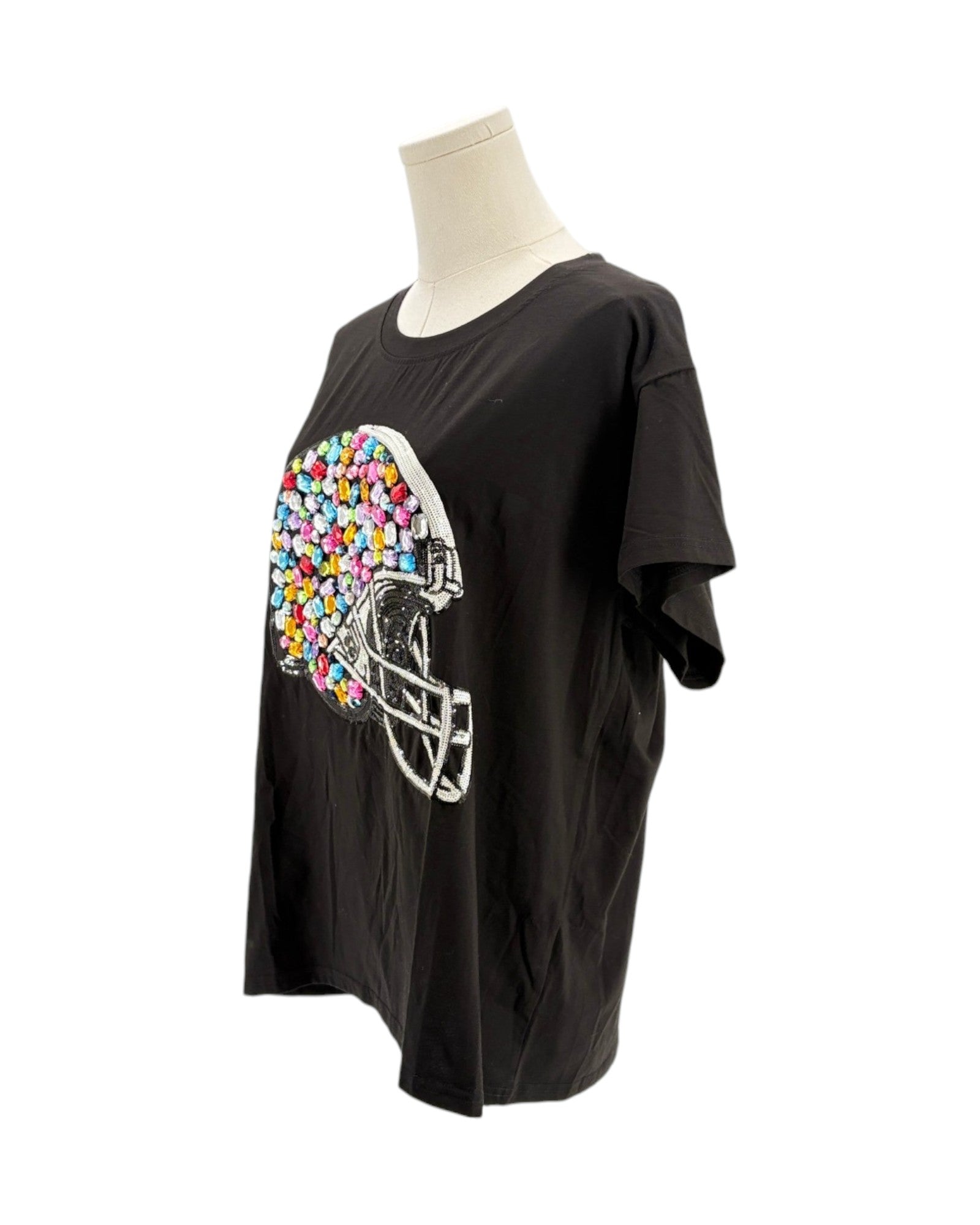Black short sleeve top with bejeweled football helmet