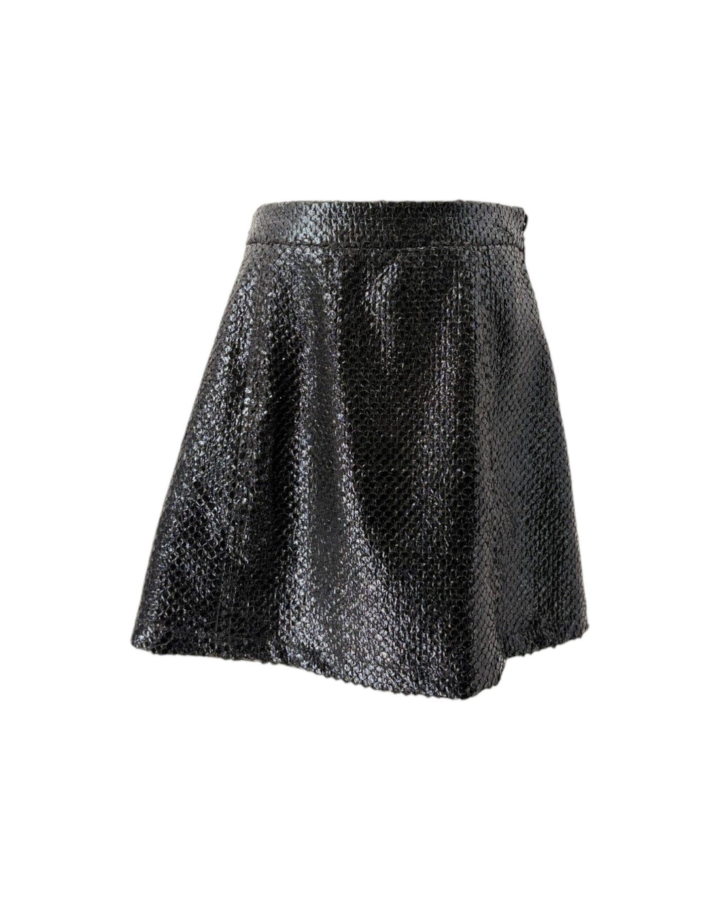 A black textured mini skirt with a subtle snakeskin or reptile-scale pattern, shown against a plain white background.