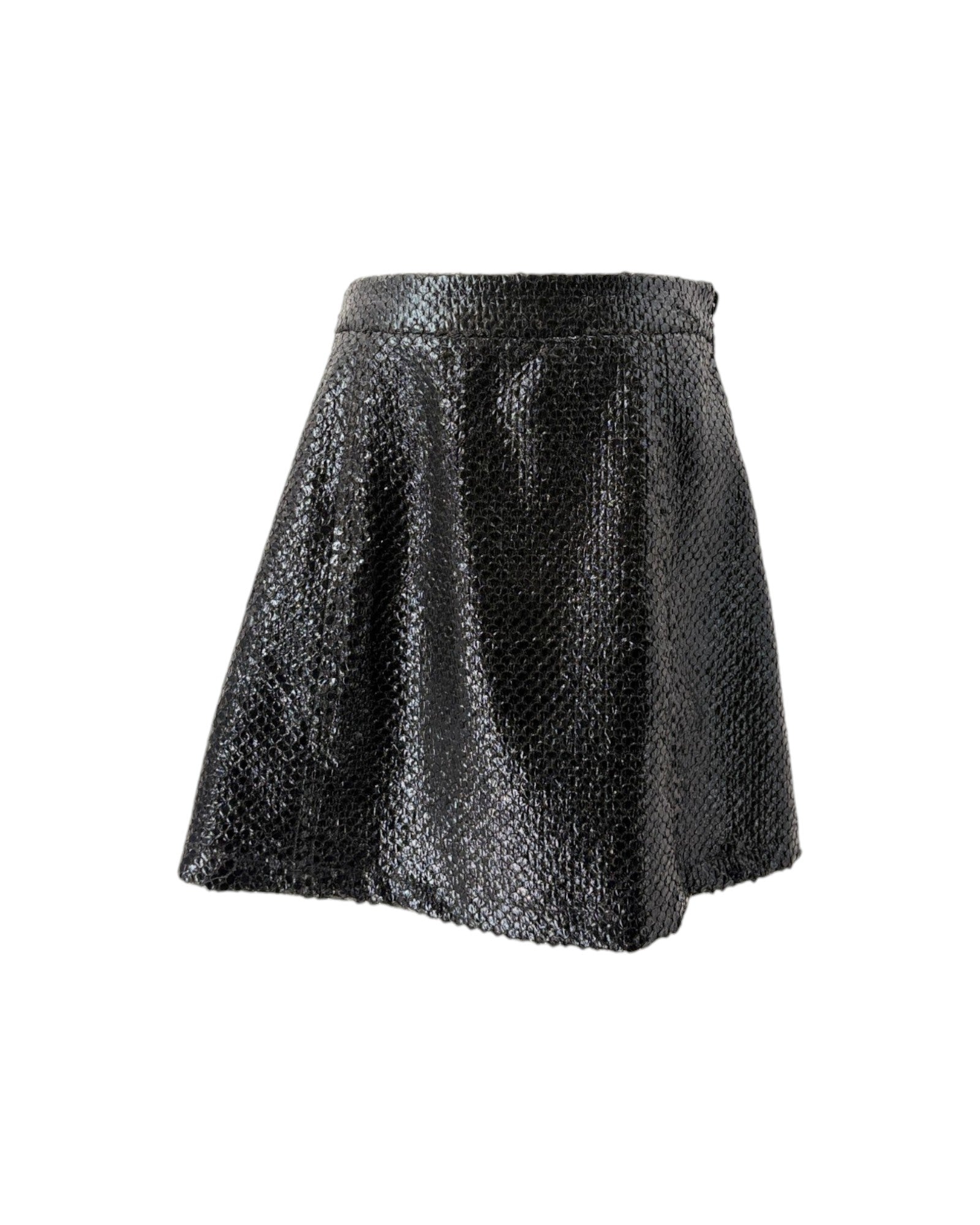 A black textured mini skirt with a subtle snakeskin or reptile-scale pattern, shown against a plain white background.