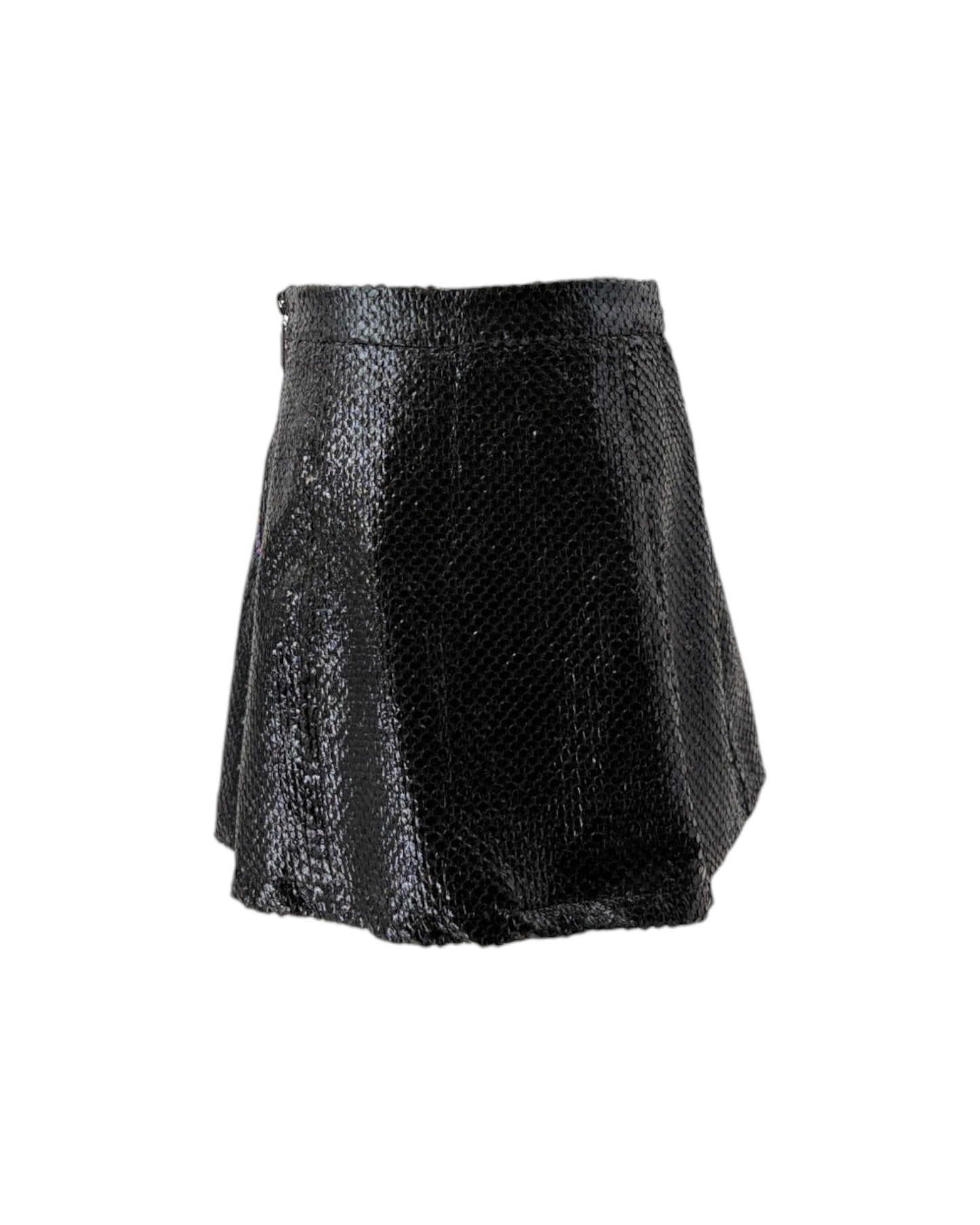 A black textured mini skirt with a snakeskin pattern, shown against a plain white background.