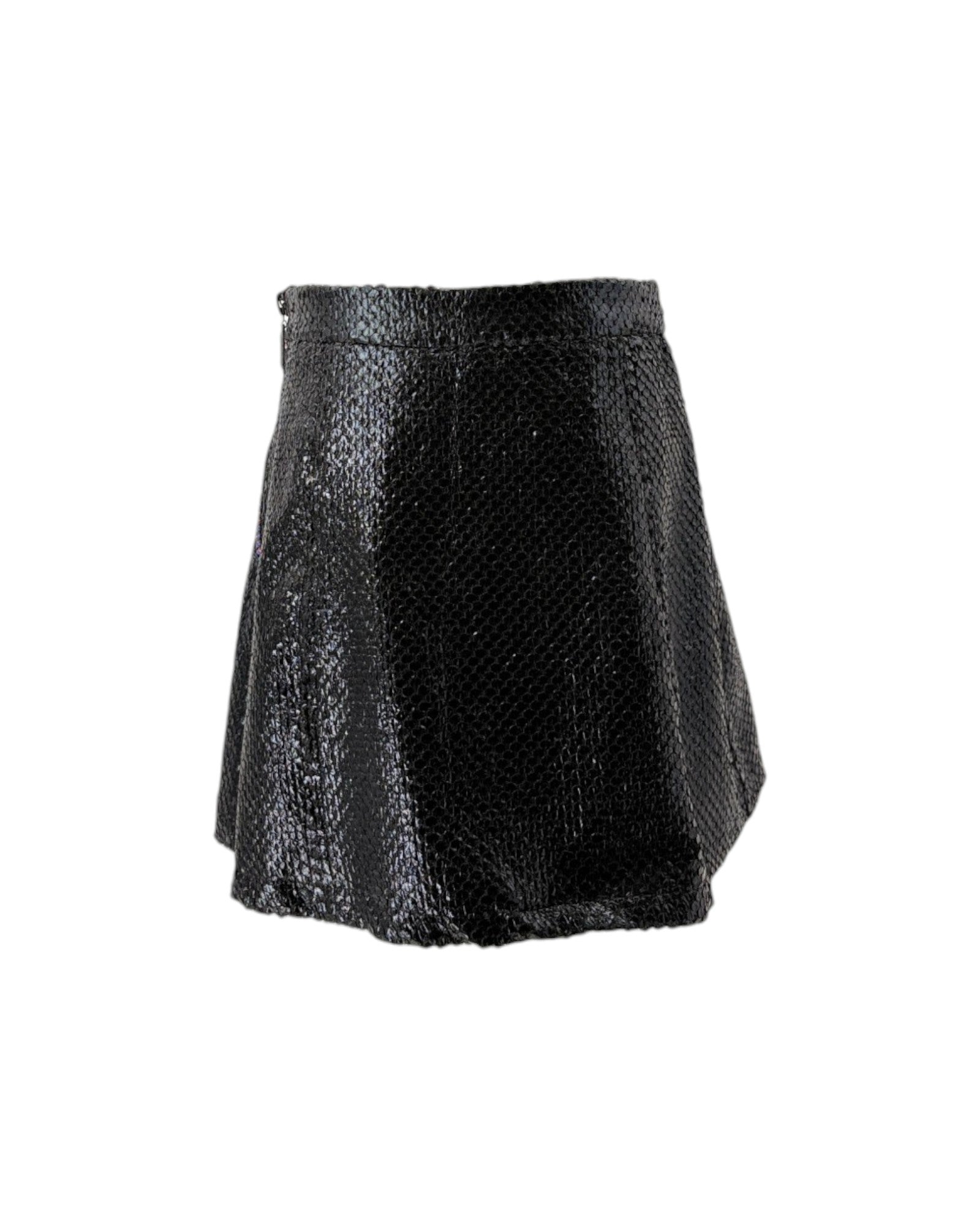 A black textured mini skirt with a snakeskin pattern, shown against a plain white background.