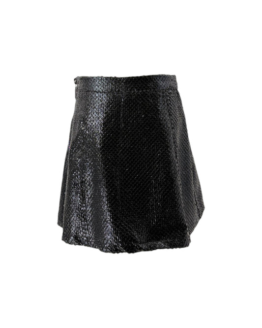 A black textured mini skirt with a snakeskin pattern, shown against a plain white background.