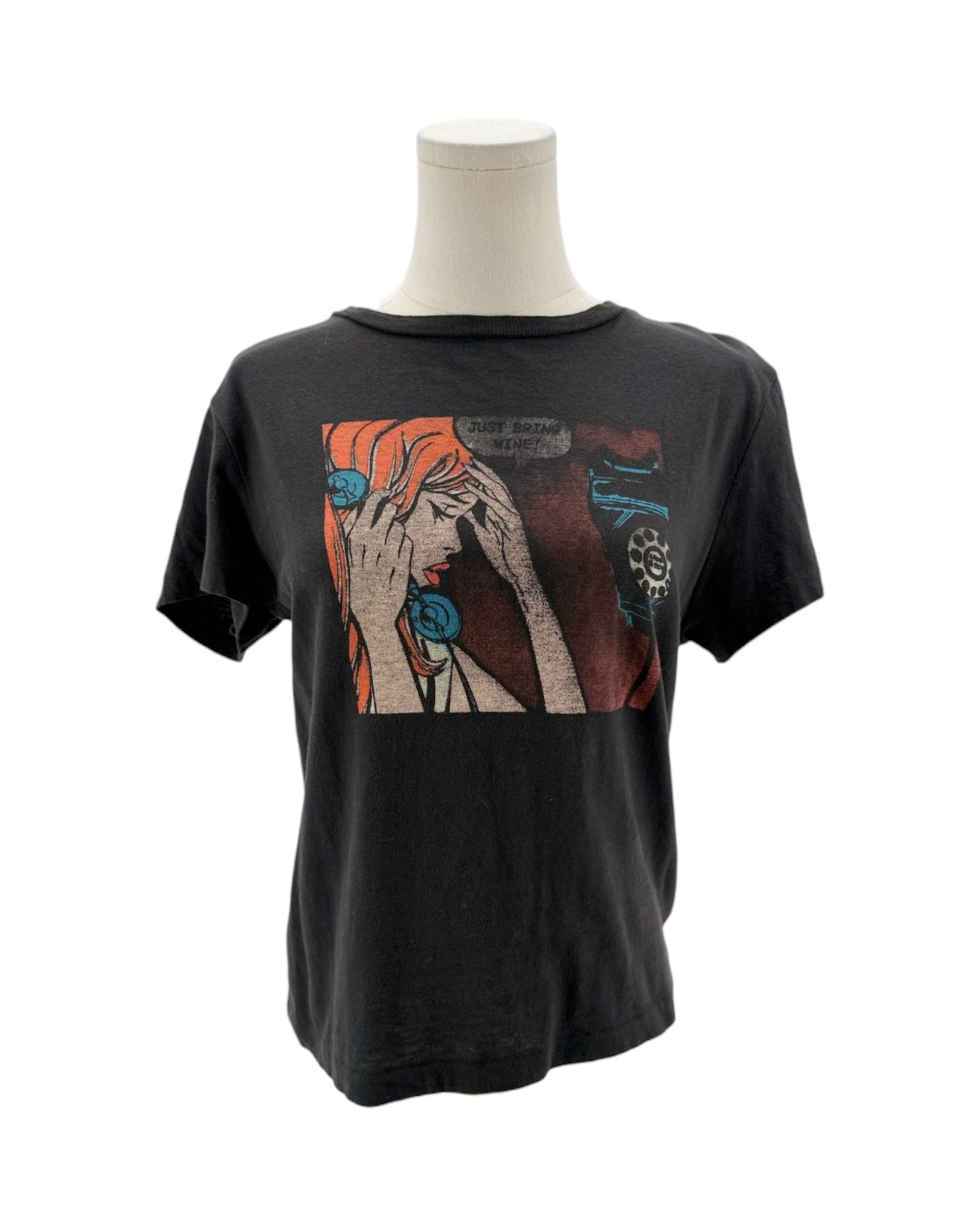 Black t-shirt with a graphic design on a mannequin against a white background