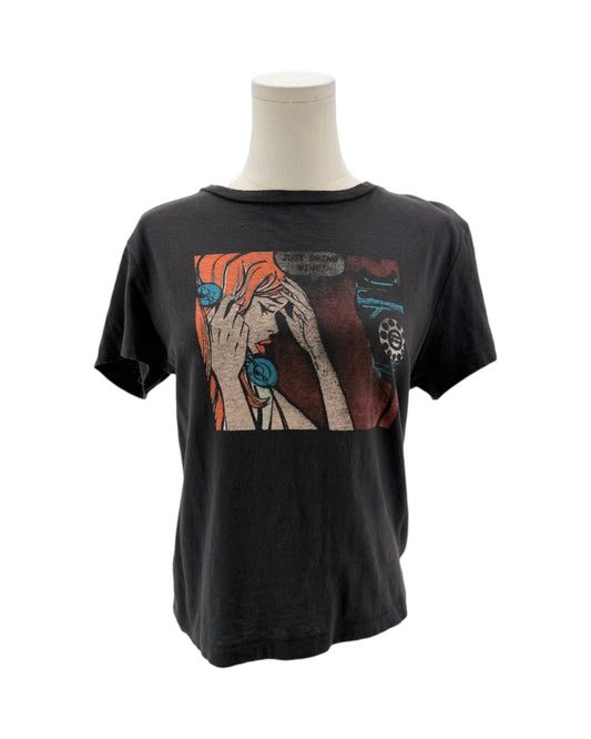 Black t-shirt with a graphic design on a mannequin against a white background