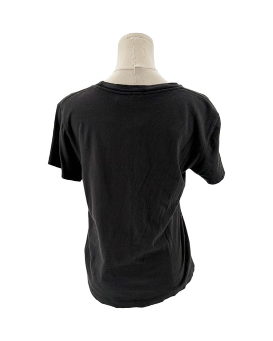 Black t-shirt on a mannequin against a white background