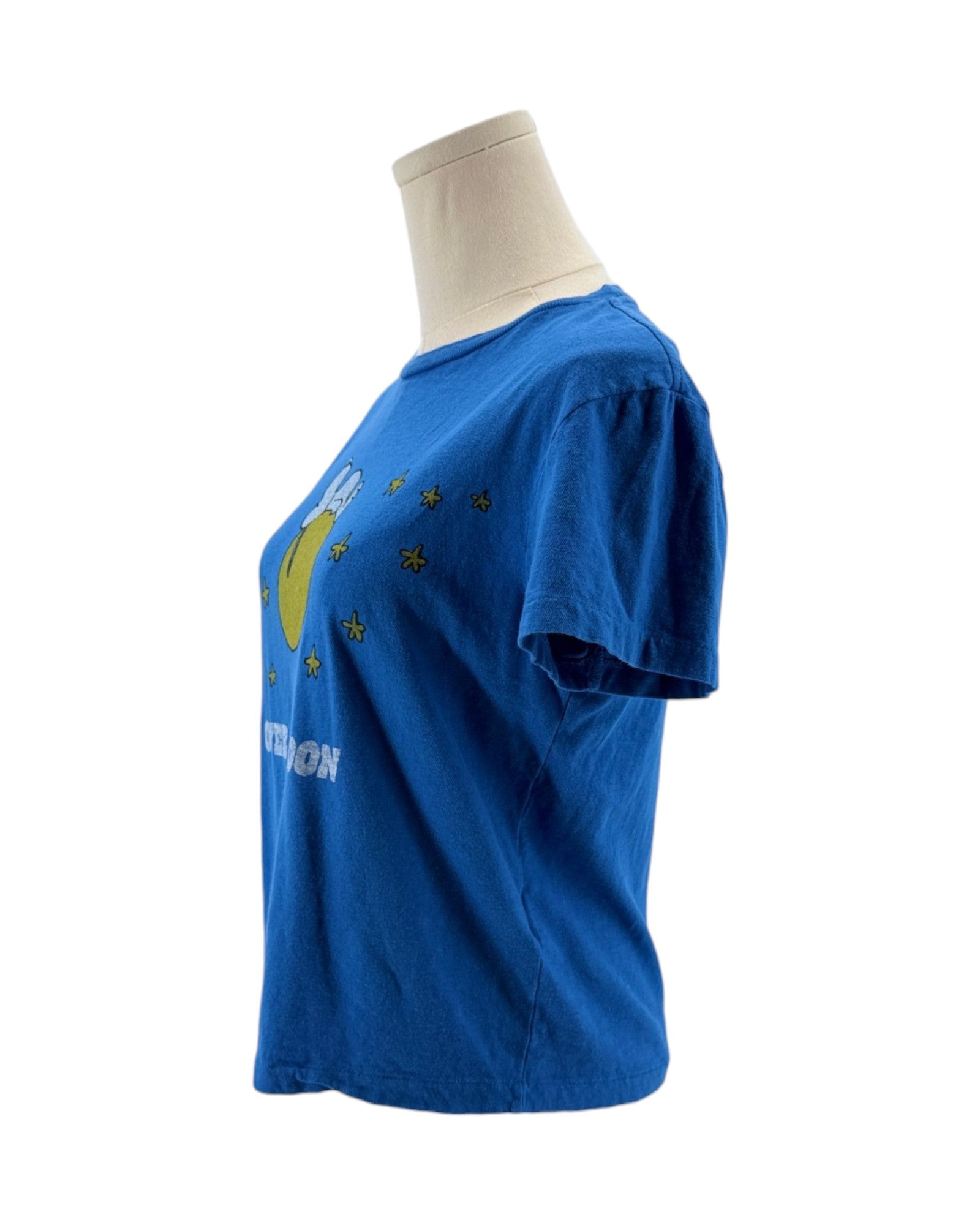Blue t-shirt with a graphic design on a mannequin against a white background