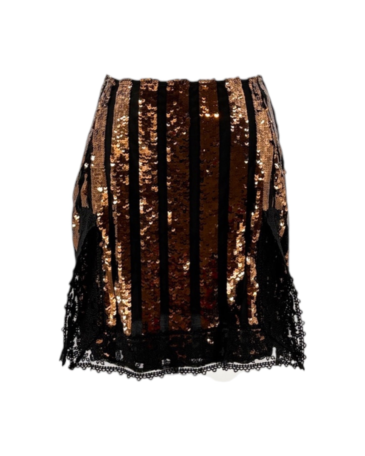 Black and gold sequin skirt on a white background