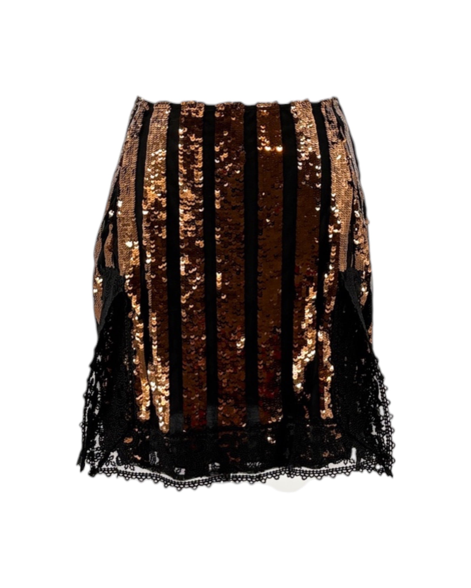 Black and gold sequin skirt on a white background