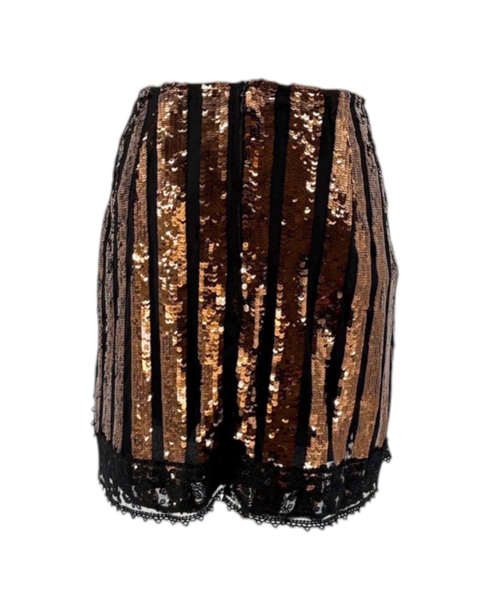 Black and gold sequin shorts on a white background