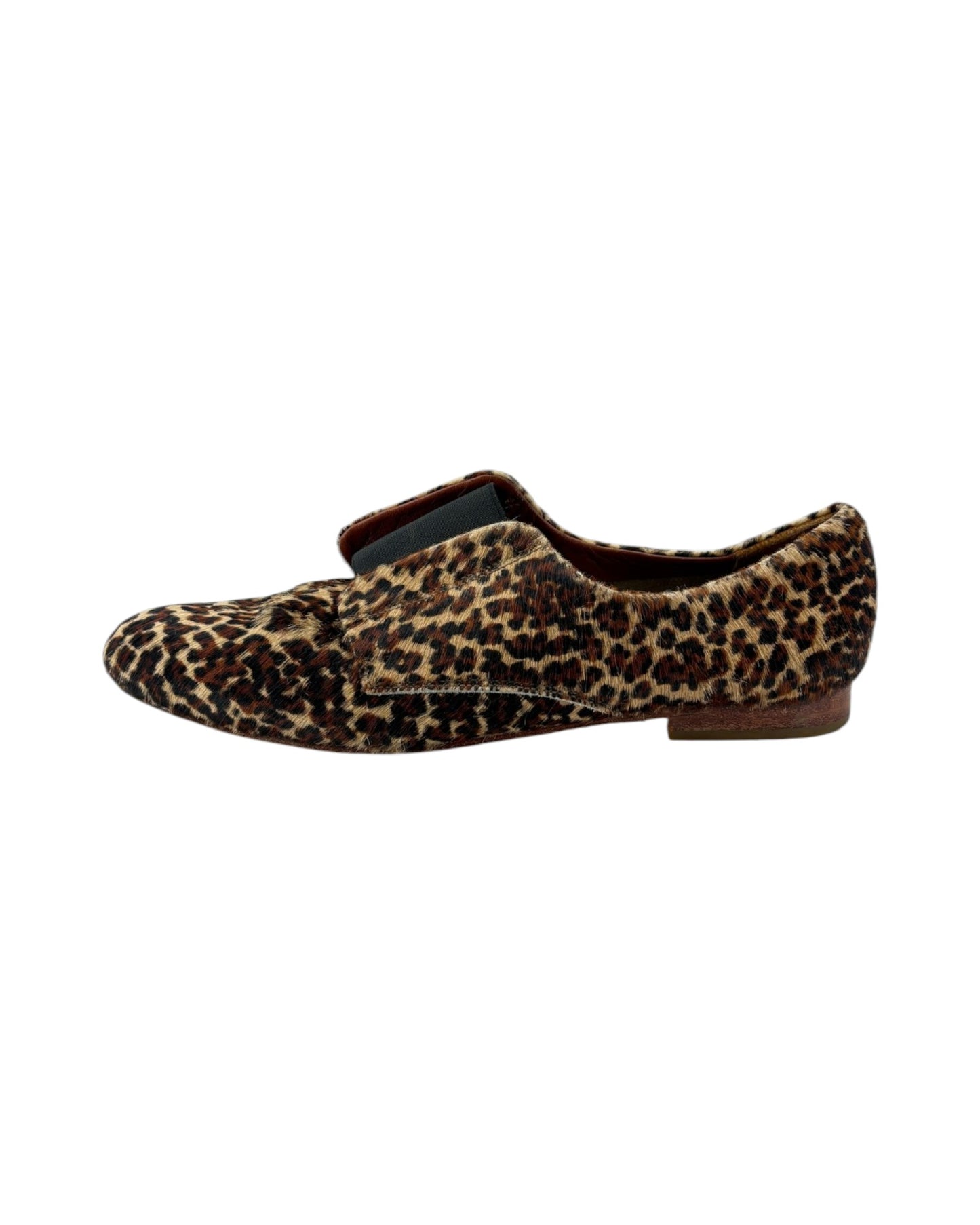Leopard print loafers on a white background