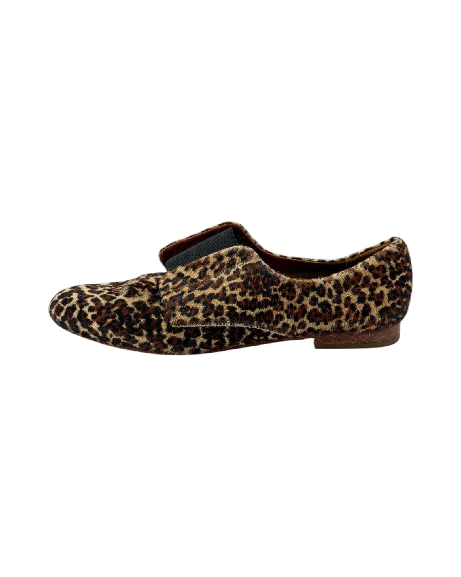 Leopard print loafers on a white background