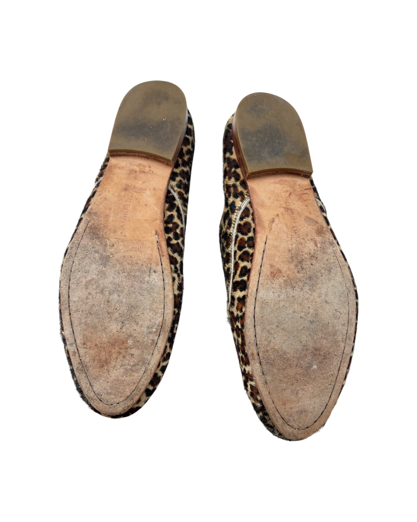 Two shoe soles with leopard print pattern on a white background