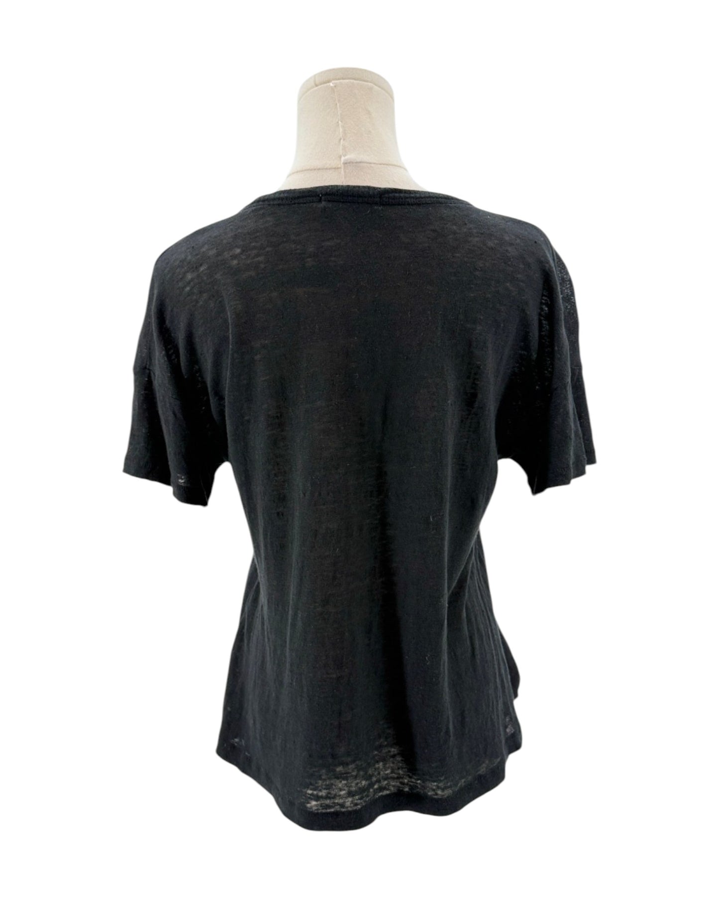 Black t-shirt on a mannequin against a white background