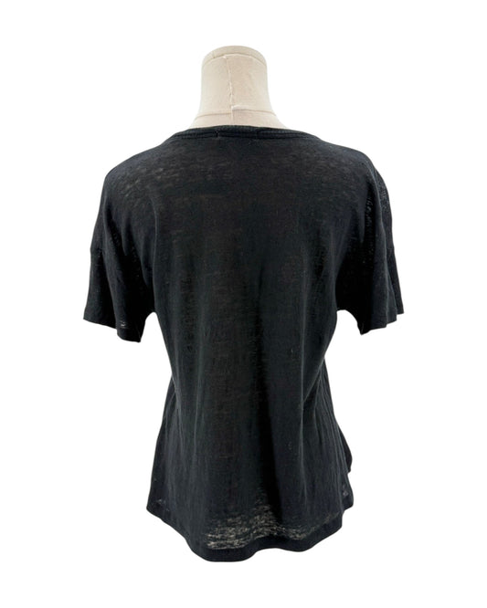 Black t-shirt on a mannequin against a white background