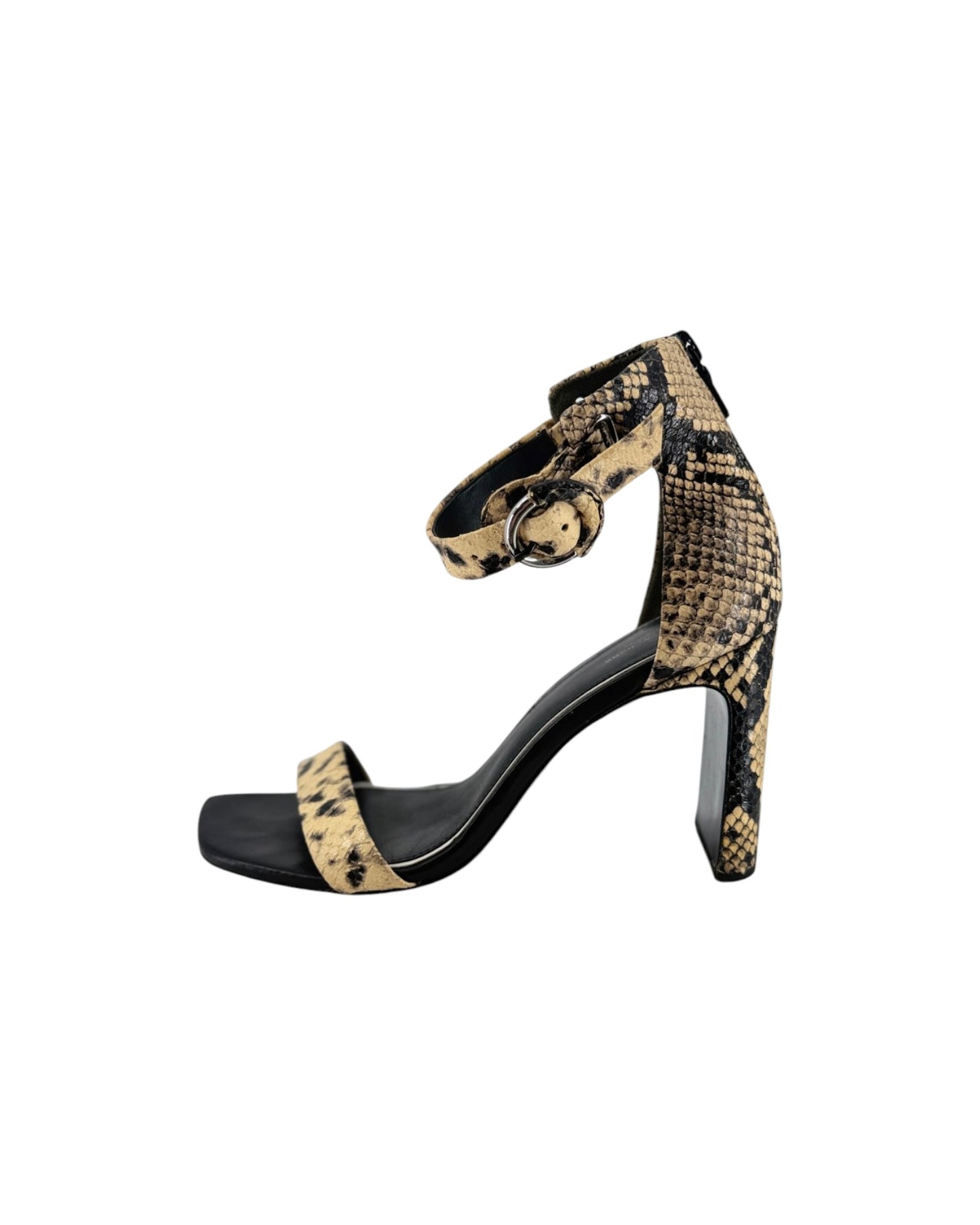 A single women's high-heeled sandal with a snakeskin pattern in beige, black, and brown, featuring a block heel, open toe, and ankle strap with a buckle closure.