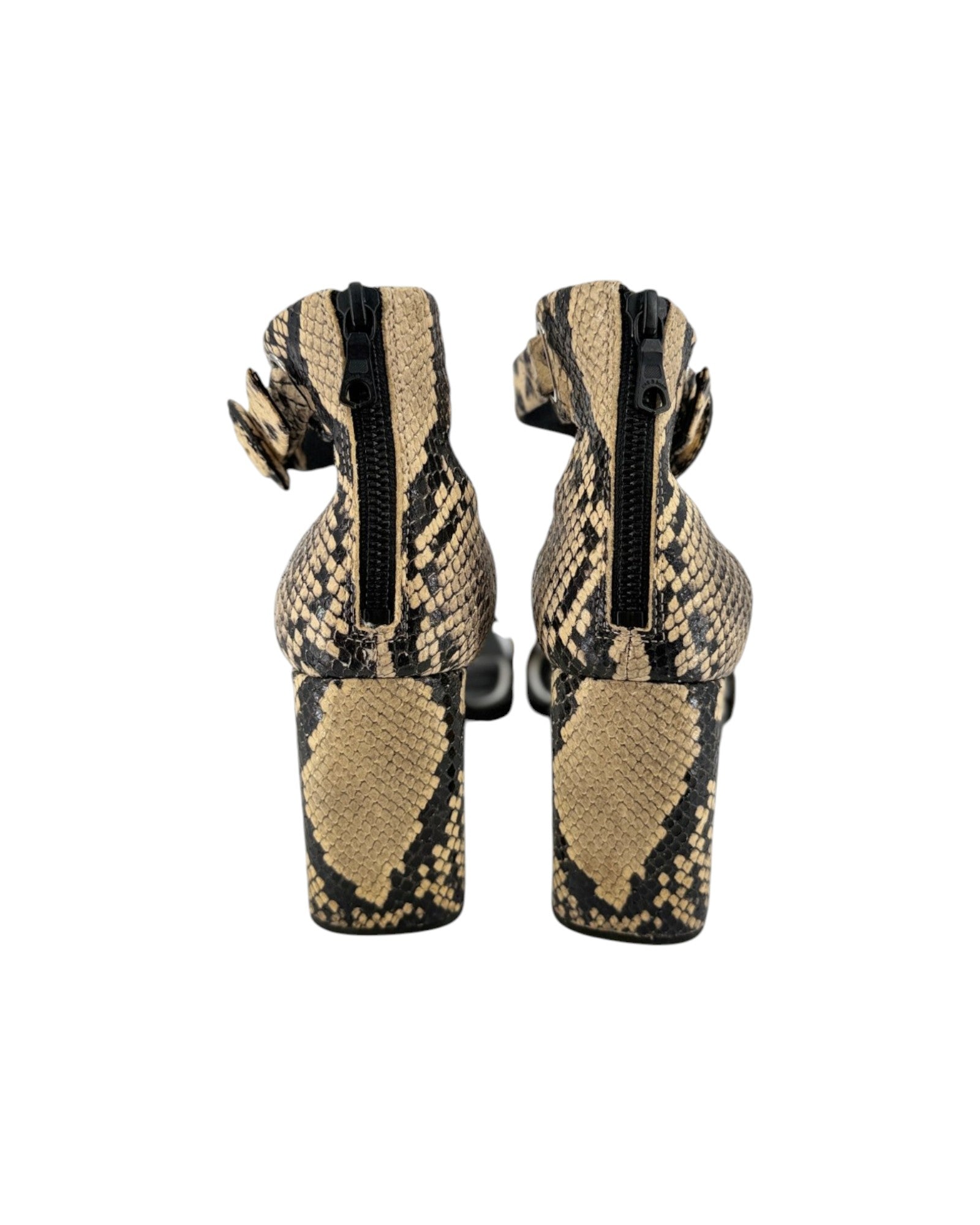 A pair of women's high-heeled ankle boots featuring a beige and black snakeskin pattern, shown from the back against a plain white background.