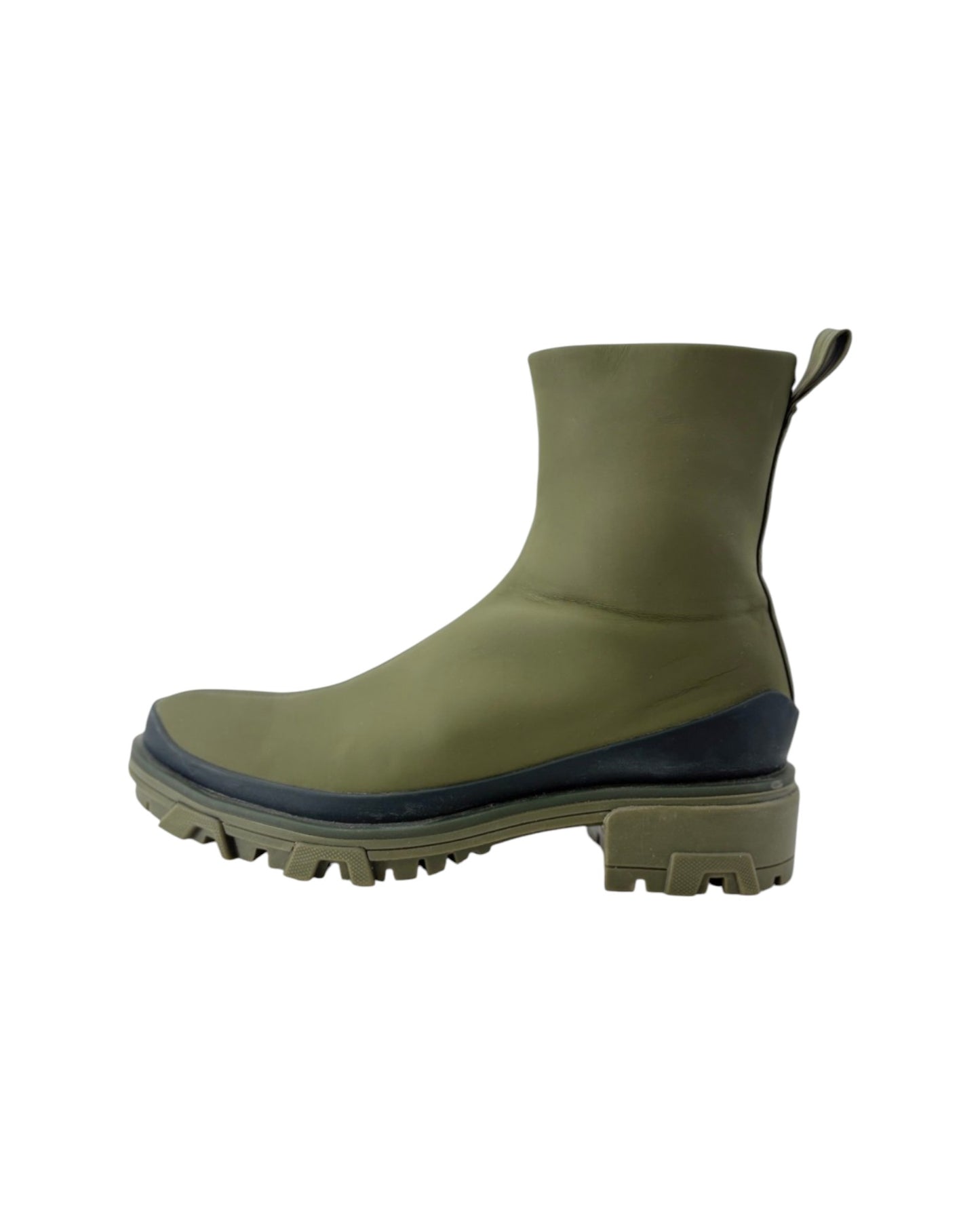 Green rubber boot with a black sole on a white background