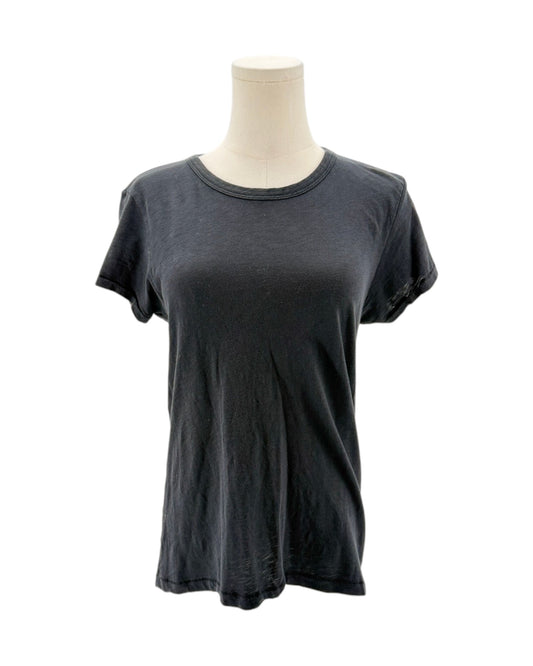 Black t-shirt on a mannequin against a white background