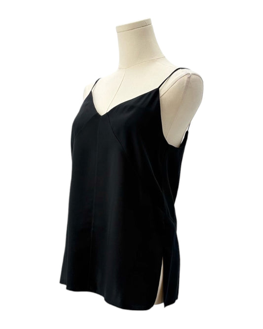 Black sleeveless top on a mannequin against a white background