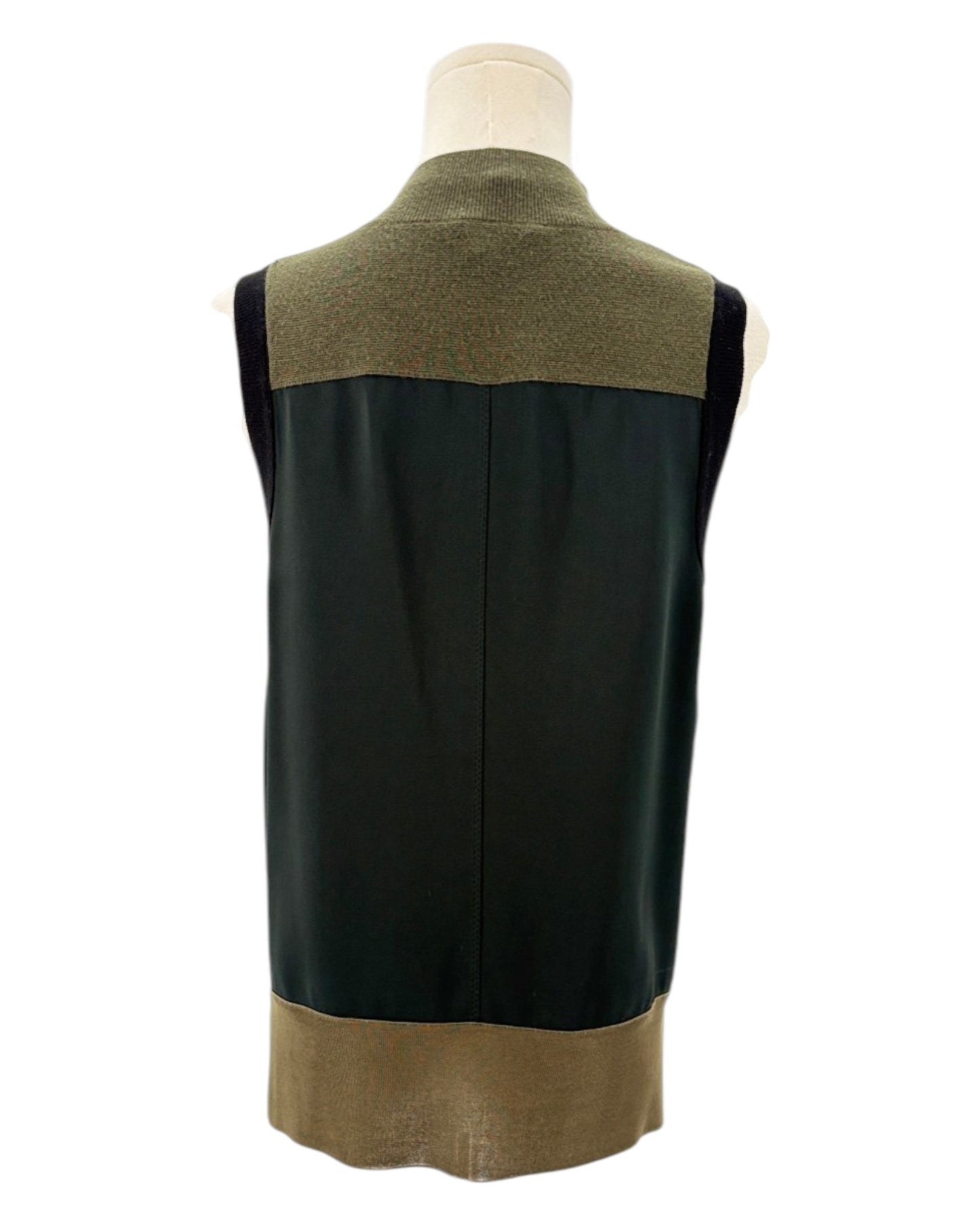 Rag and Bone sleeveless top with green and brown color block design on a mannequin against a white background