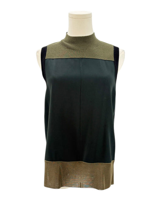 Rag and Bone sleeveless top with green and brown color block design on a mannequin against a white background