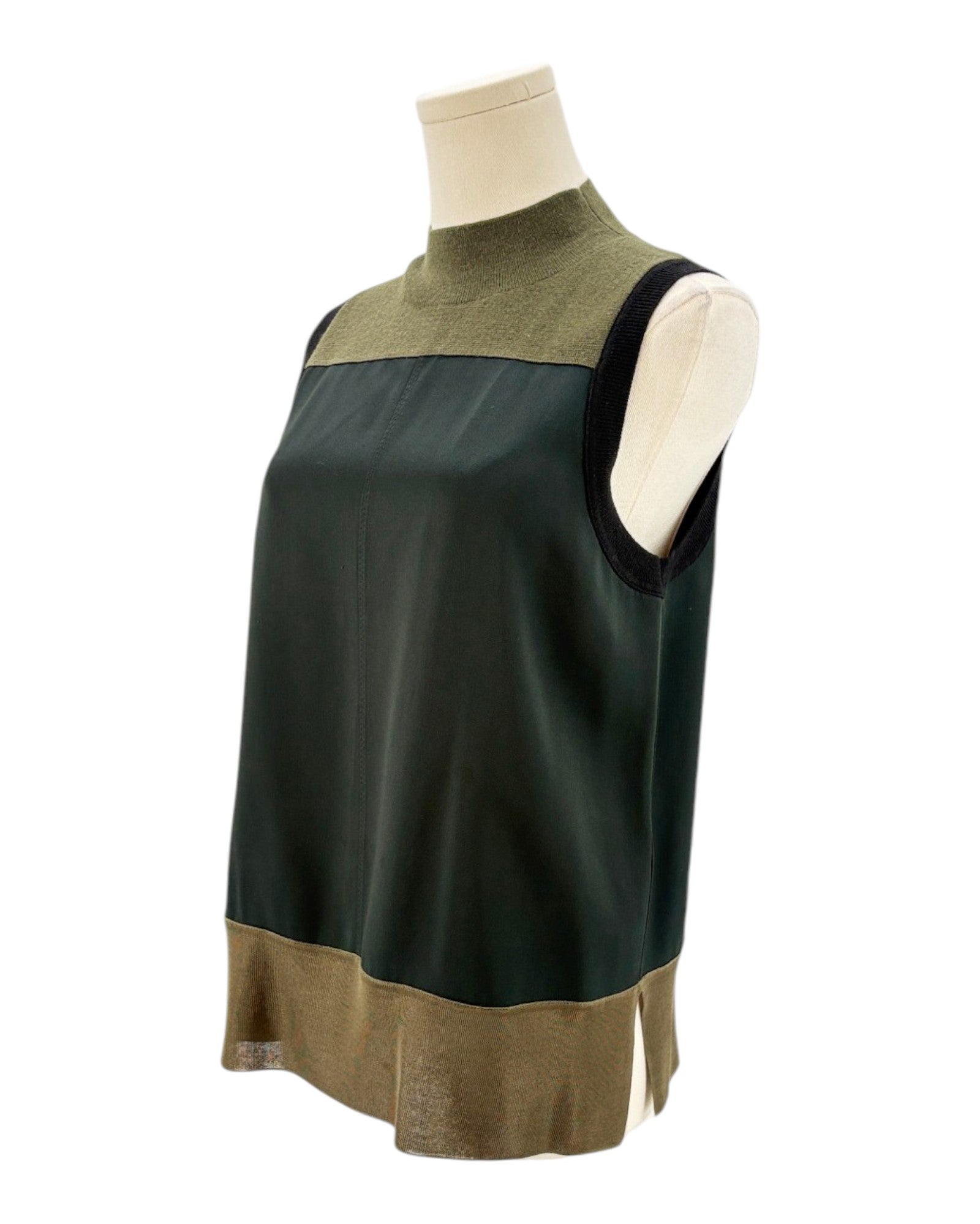 Rag and Bone sleeveless top with green and brown color block design on a mannequin against a white background