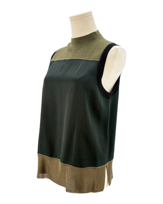 Rag and Bone sleeveless top with green and brown color block design on a mannequin against a white background