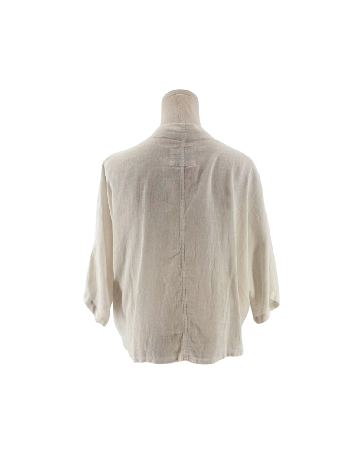 White 3/4 sleeve top with on a mannequin on a white background