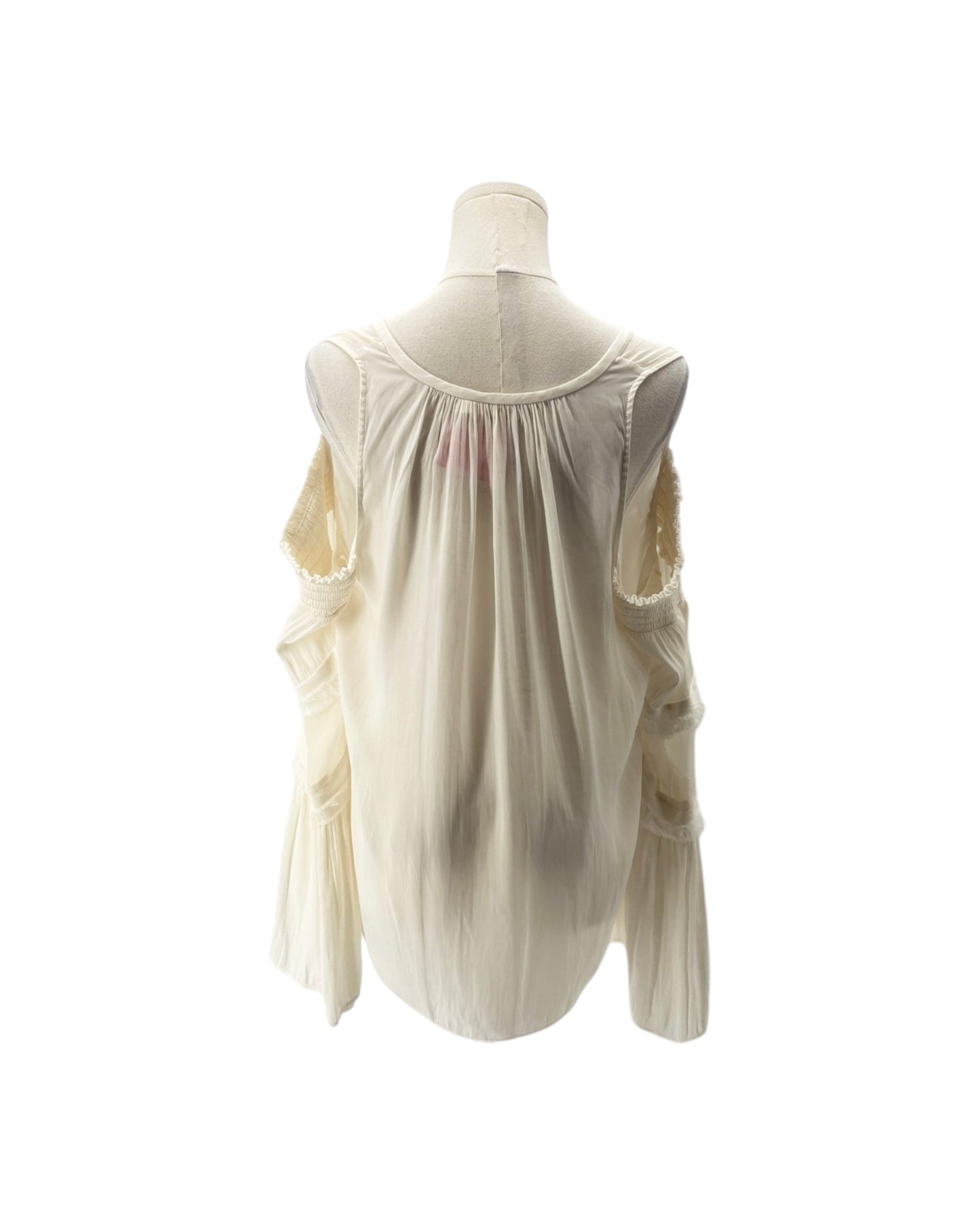 An off-white cold-shoulder blouse with lace detailing on the sleeves, displayed on a mannequin from the back against a white background.