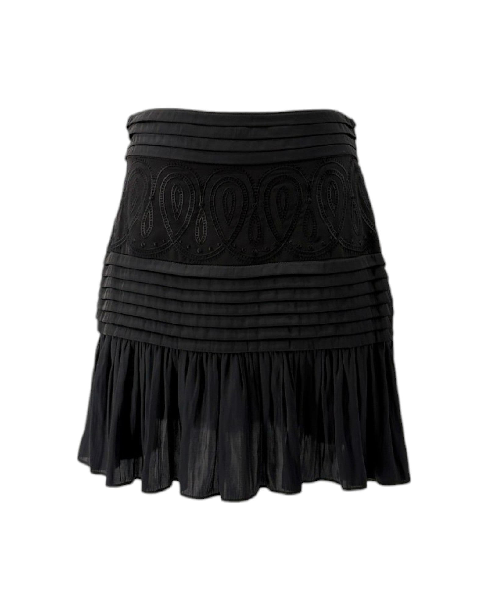 Black skirt with decorative patterns on a white background